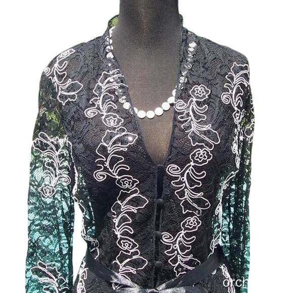 Cache Luxe Black Lace Sheer Illusion Lace Top Jacket White Trim New $228 NWT - Picture 4 of 11